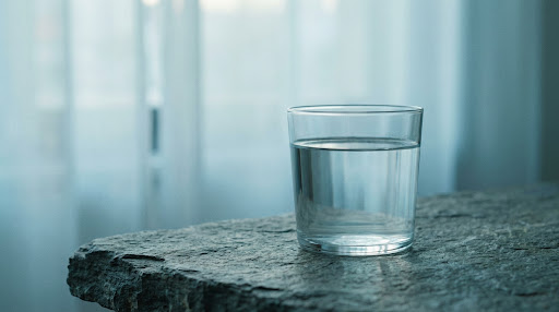 Vaso de agua sobre superficie de piedra al atardecer, luz natural suave en tonos mist y cyan